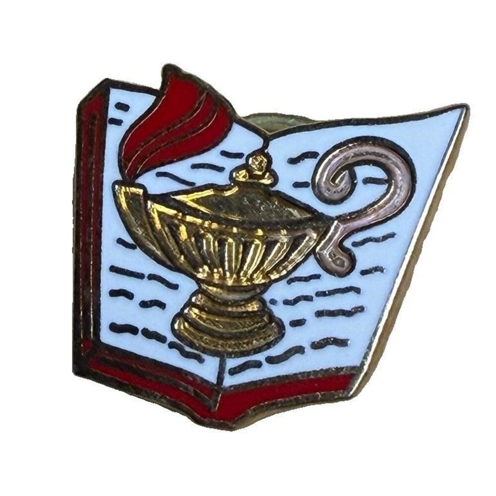 Vintage Gold Lamp of Knowledge Open Book Enamel Lapel Pin Academic Honor Roll